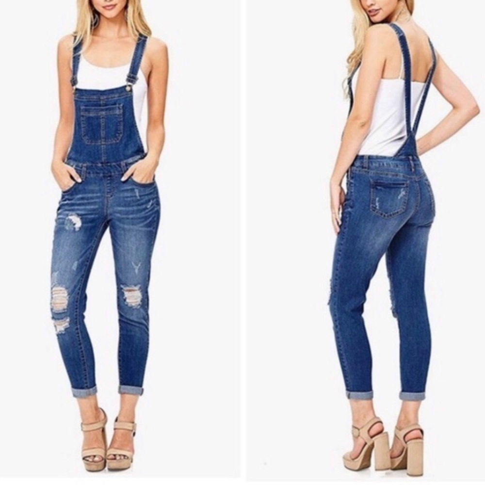 WAX JEAN Woman’s Blue Basic Denim Overalls Tapered Distressed Size 1XL